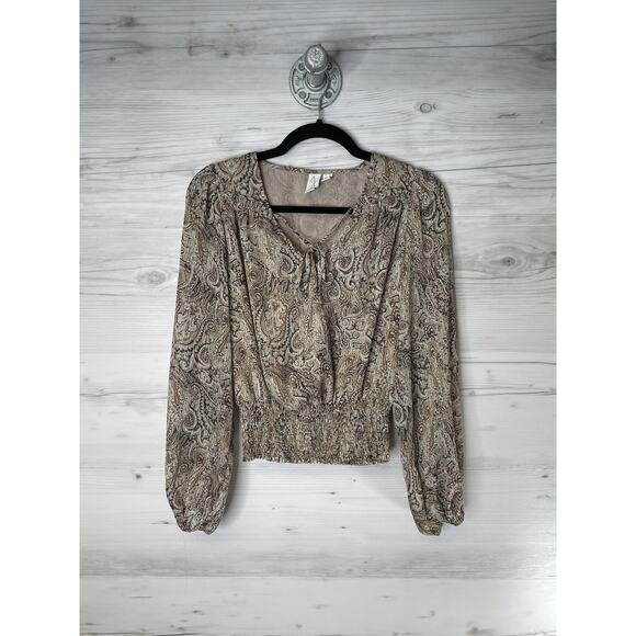 Joie Tops - Joie Blouse Womens XS Brown Paisley Metallic Smocked Hem Long Sleeve V-Neck Tie